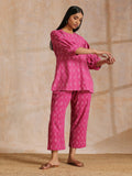 trueBrowns Pink Dabu Print Cotton Baggy Sleeve Co-Ord Set | Grocsy