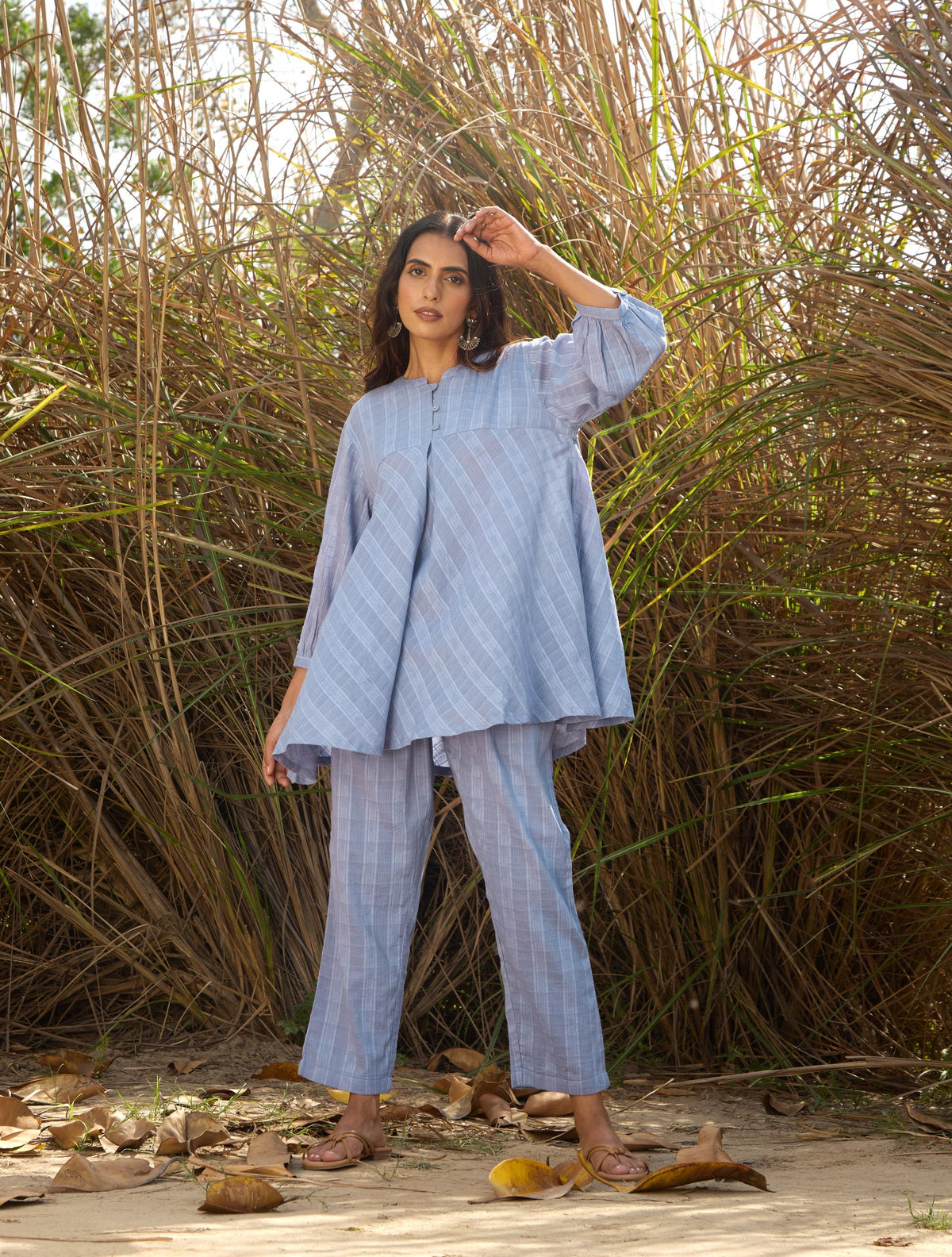 trueBrowns Light Blue Cotton Dobby Flared Co-ord Set | Grocsy