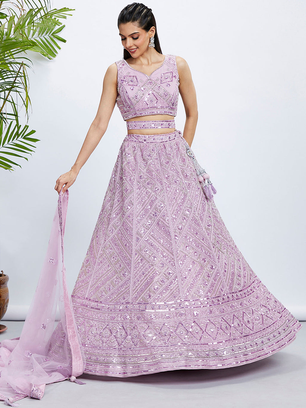 House of Panchhi Sea Green Georgette Sequins And Thread Embroidery Lehenga Choli & Dupatta | Grocsy