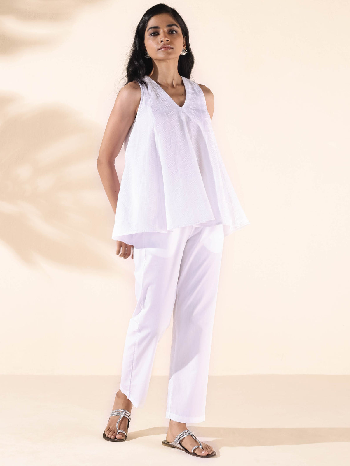 trueBrowns White Cotton Dobby Flared Co-ord Set | Grocsy