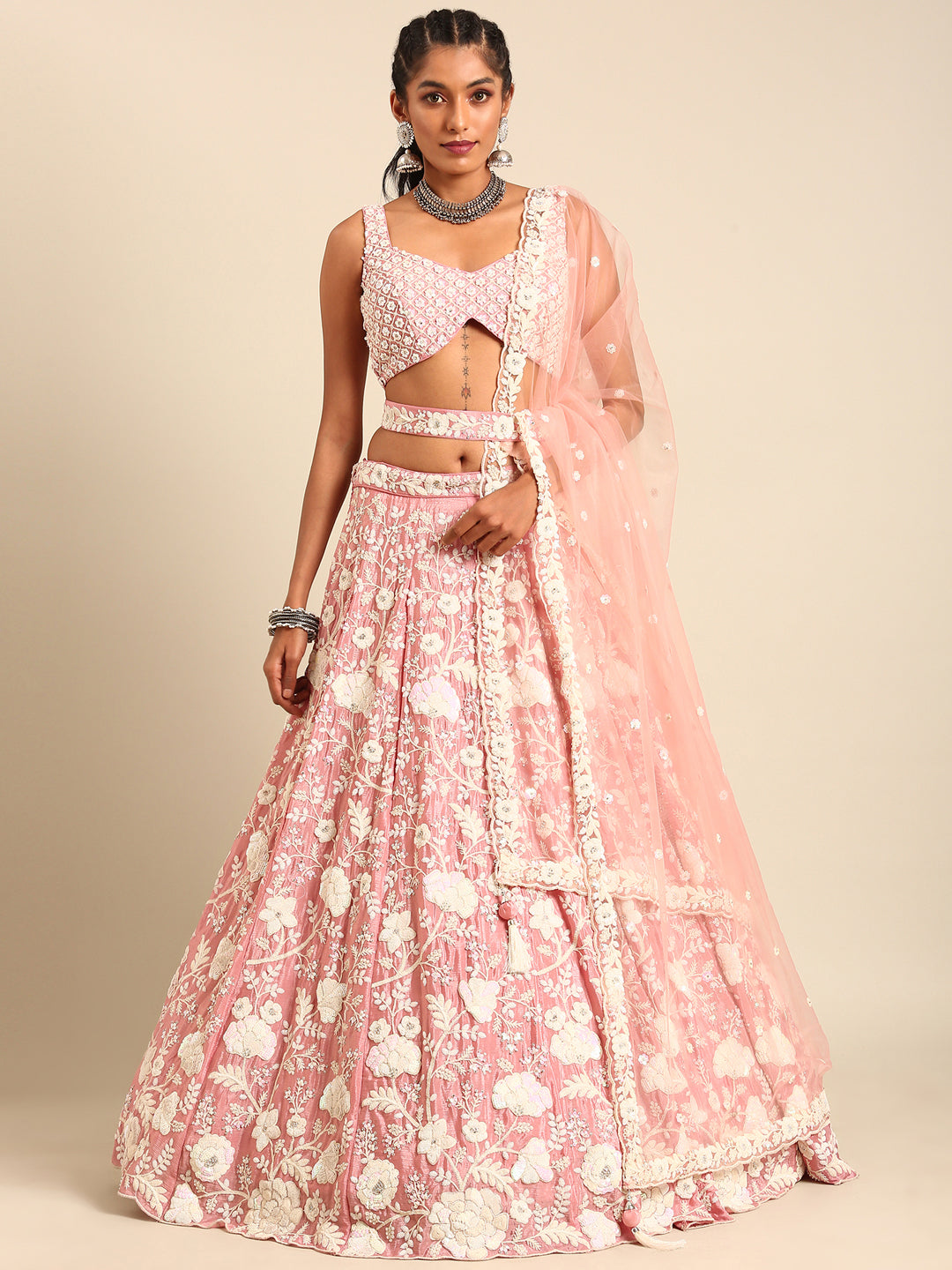 House of Panchhi Rose Gold Chinon Sequins And Zarkan Embroidery Lehenga Choli & Dupatta | Grocsy