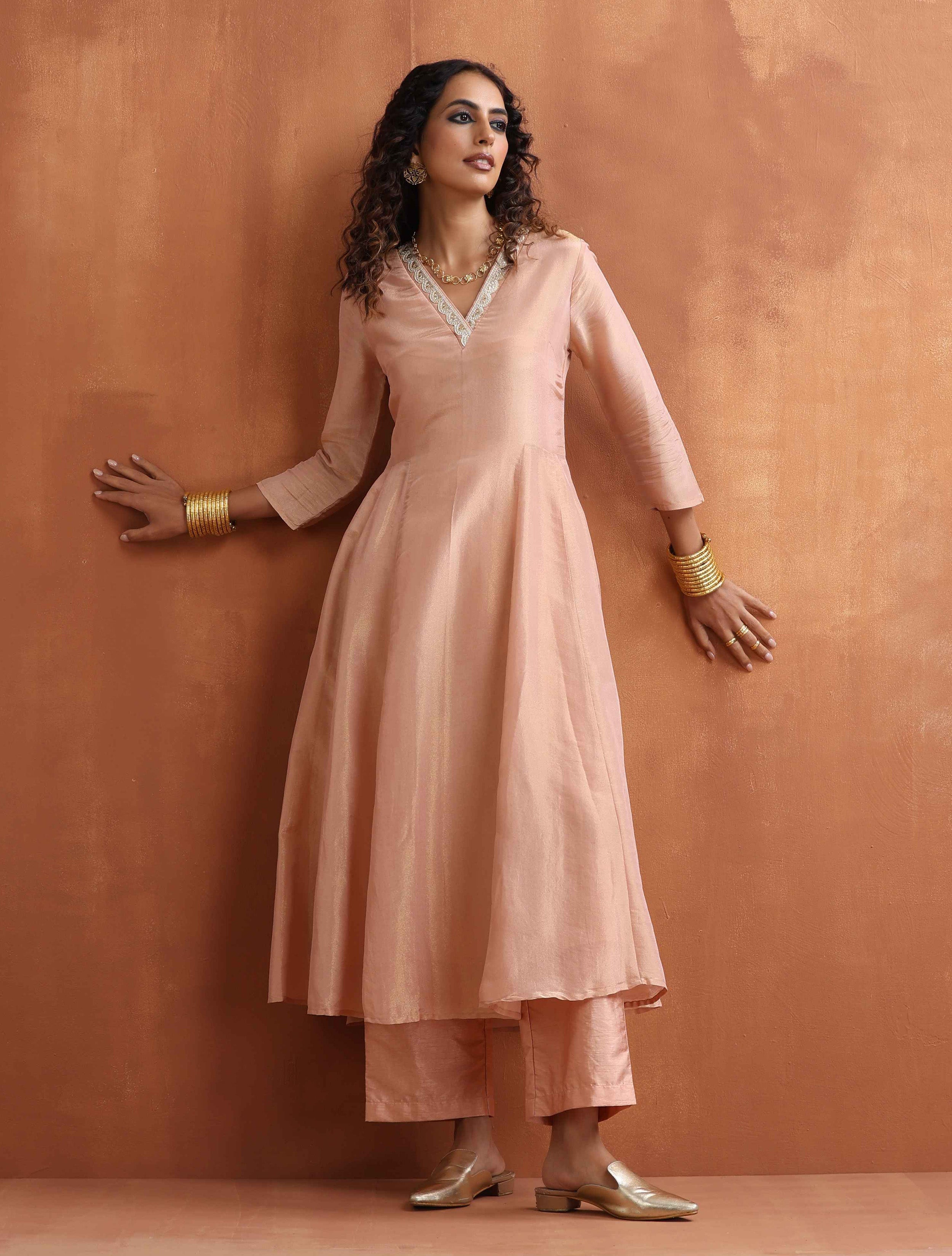 trueBrowns Blush Pink Tissue Flared Anarkali Kurta Set | Grocsy
