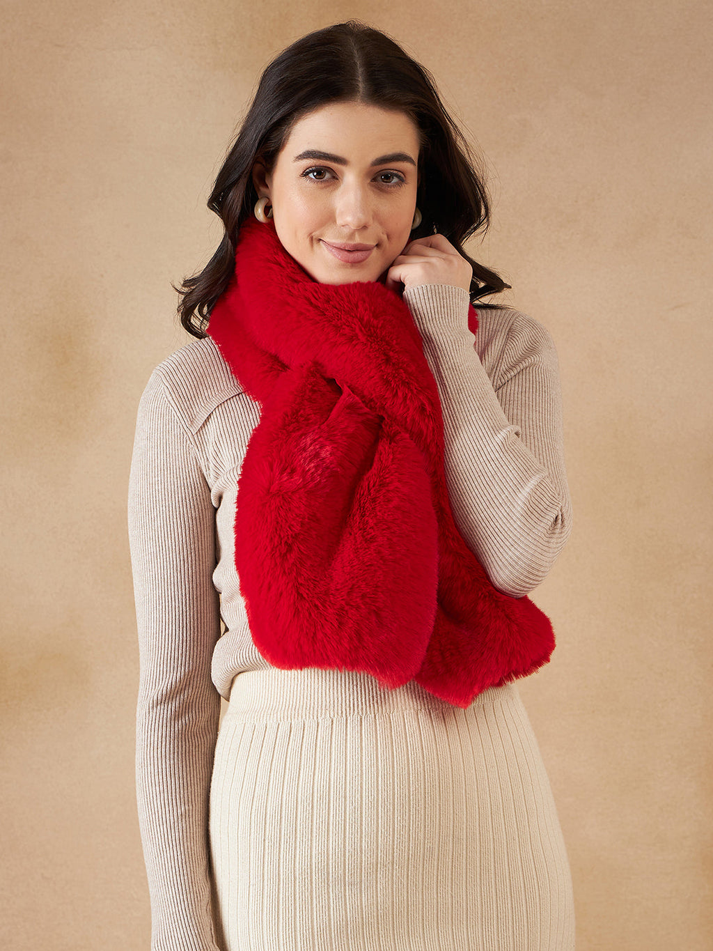 InWeave Women's Cherry Red Faux Fur Neck Warmer | Grocsy