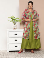 InWeave Women's Olive Green Strappy Set With Pink Green Floral Cape | Grocsy