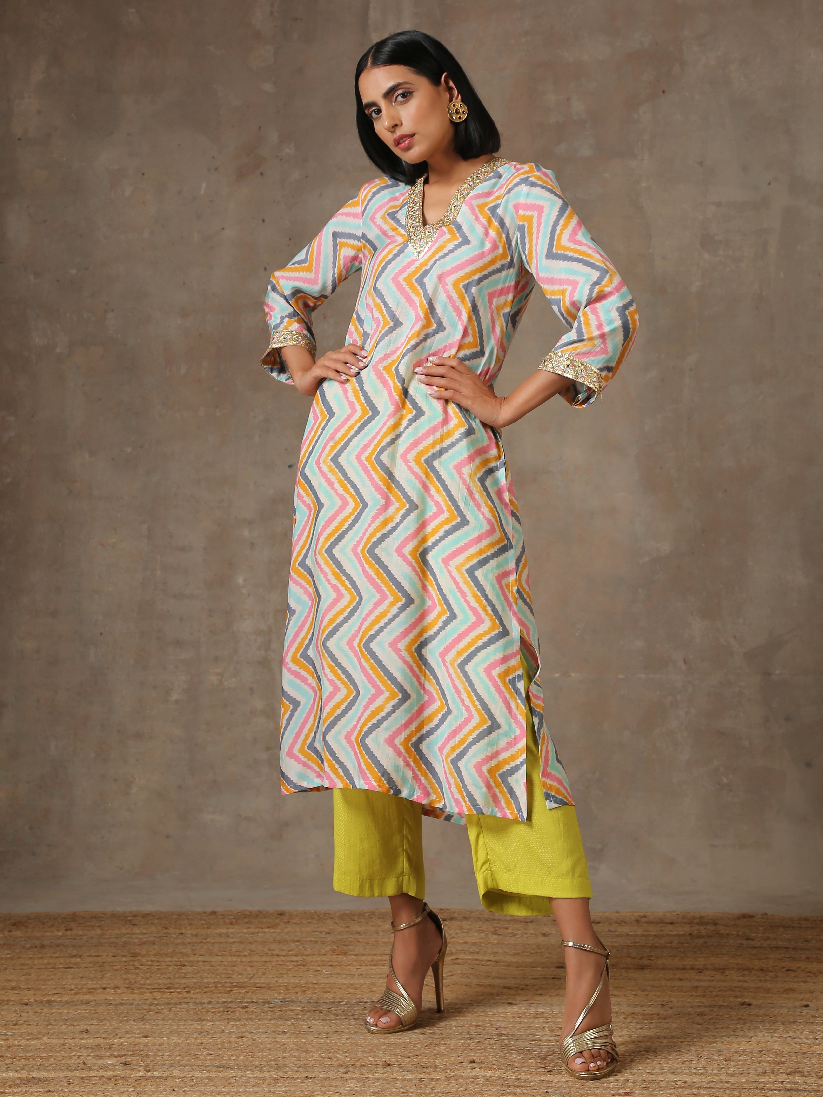 trueBrowns Multicolour Lehariya Printed Silk Kurta Pant Set | Grocsy