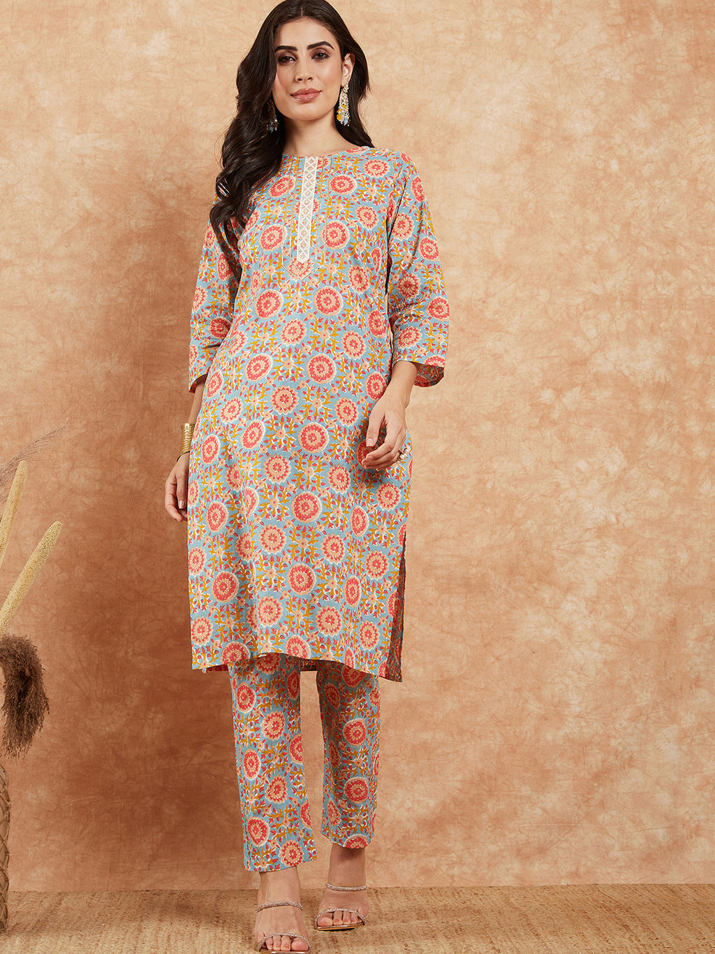 InWeave Women's Light Blue Floral Jaal Gota Work Straight Kurta Pant Set | Grocsy