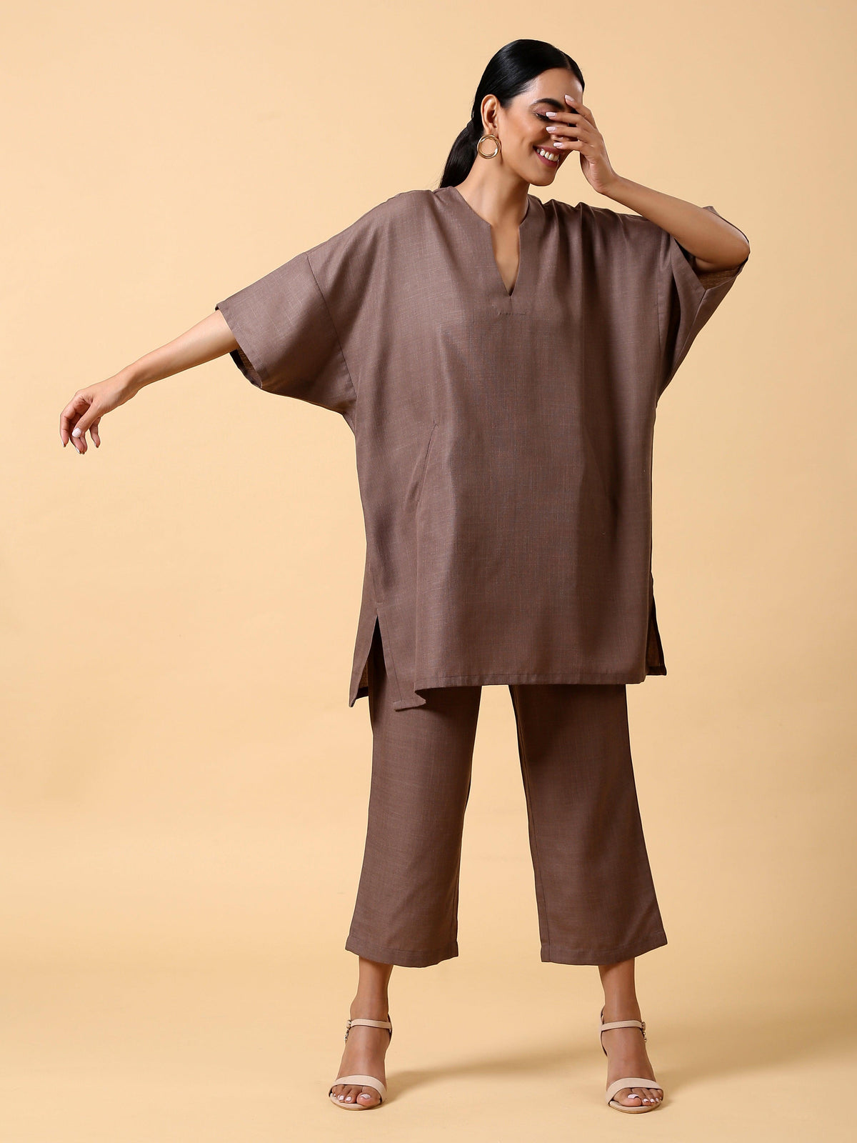 trueBrowns Cotton Linen Burnt Brown Boxy Fit Co-Ord Set | Grocsy