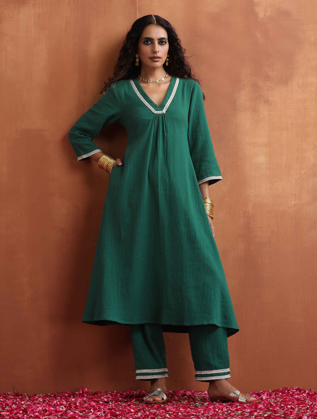 trueBrowns Green Cotton A-line Kurta Set | Grocsy