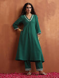 trueBrowns Green Cotton A-line Kurta Set | Grocsy