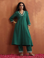 trueBrowns Green Cotton A-line Kurta Set | Grocsy