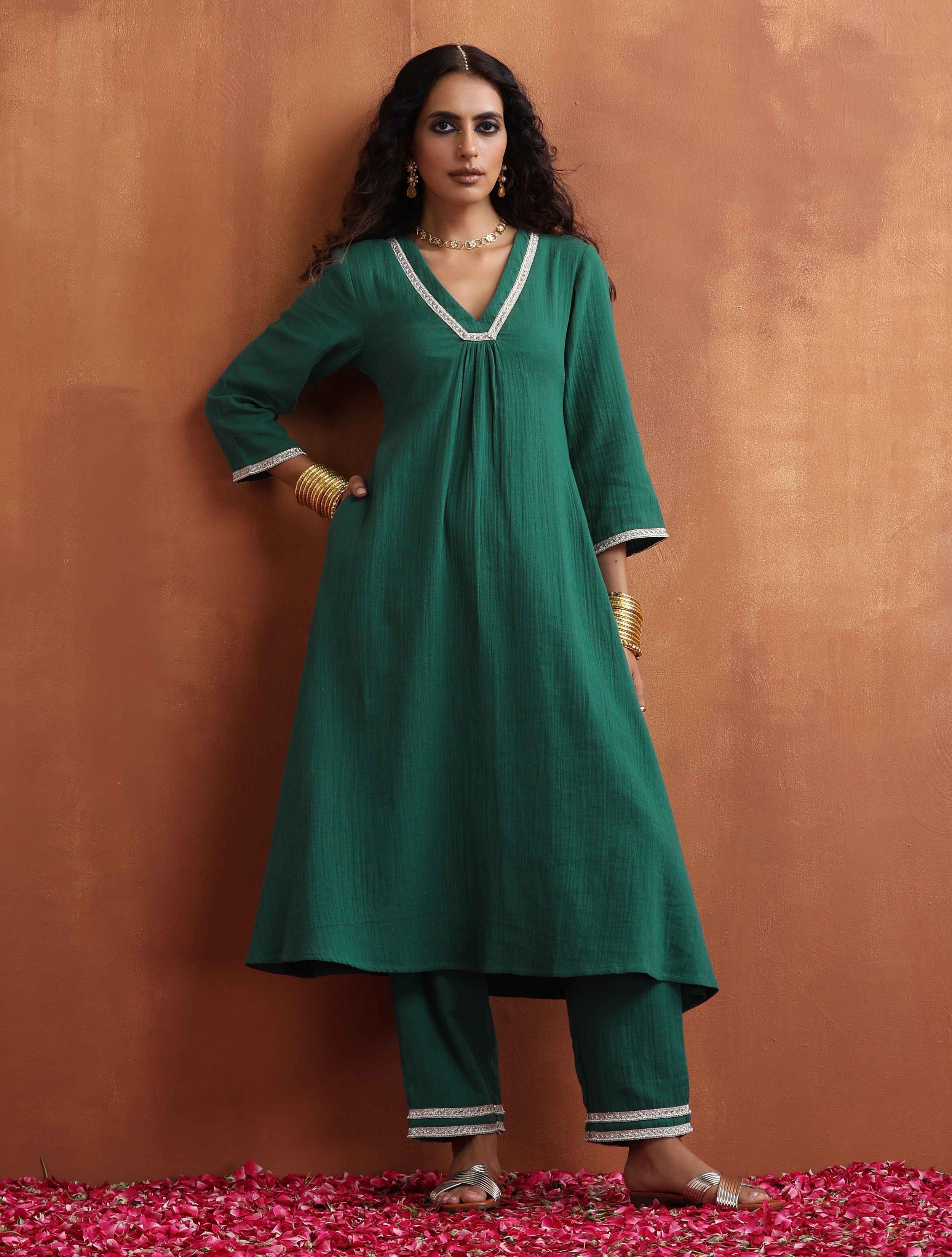trueBrowns Green Cotton A-line Kurta Set | Grocsy
