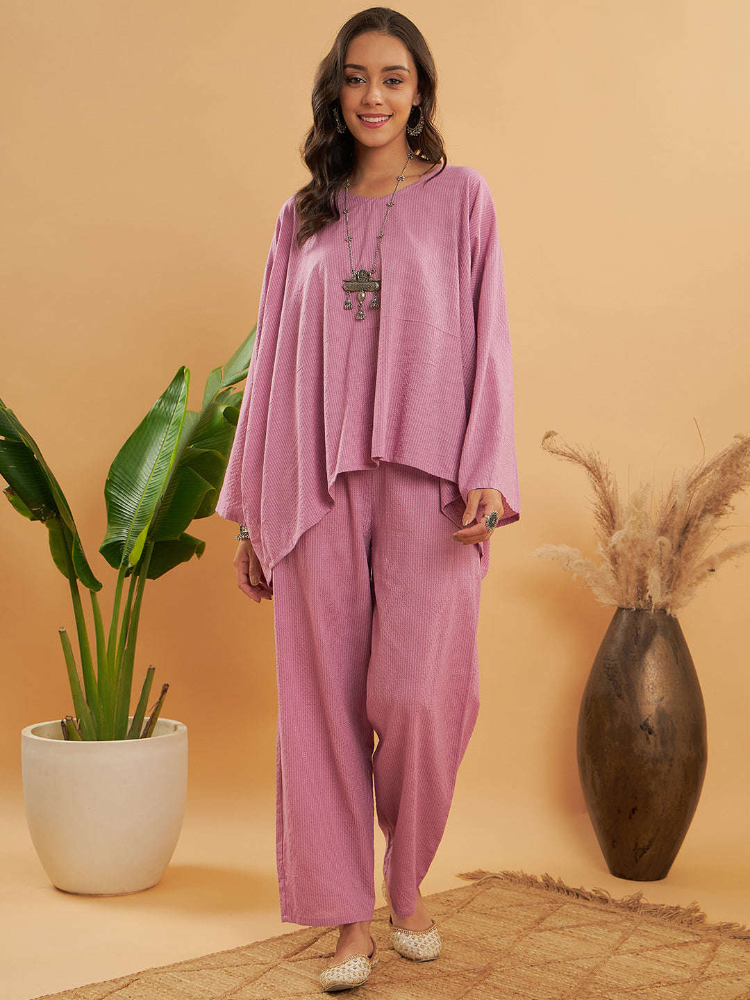 InWeave Women's Mauve Kantha Boho Full Sleeve Coord Set | Grocsy