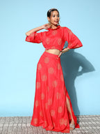 InWeave Women's Red Gold Printed Crop Top With Side Slit Skirt | Grocsy