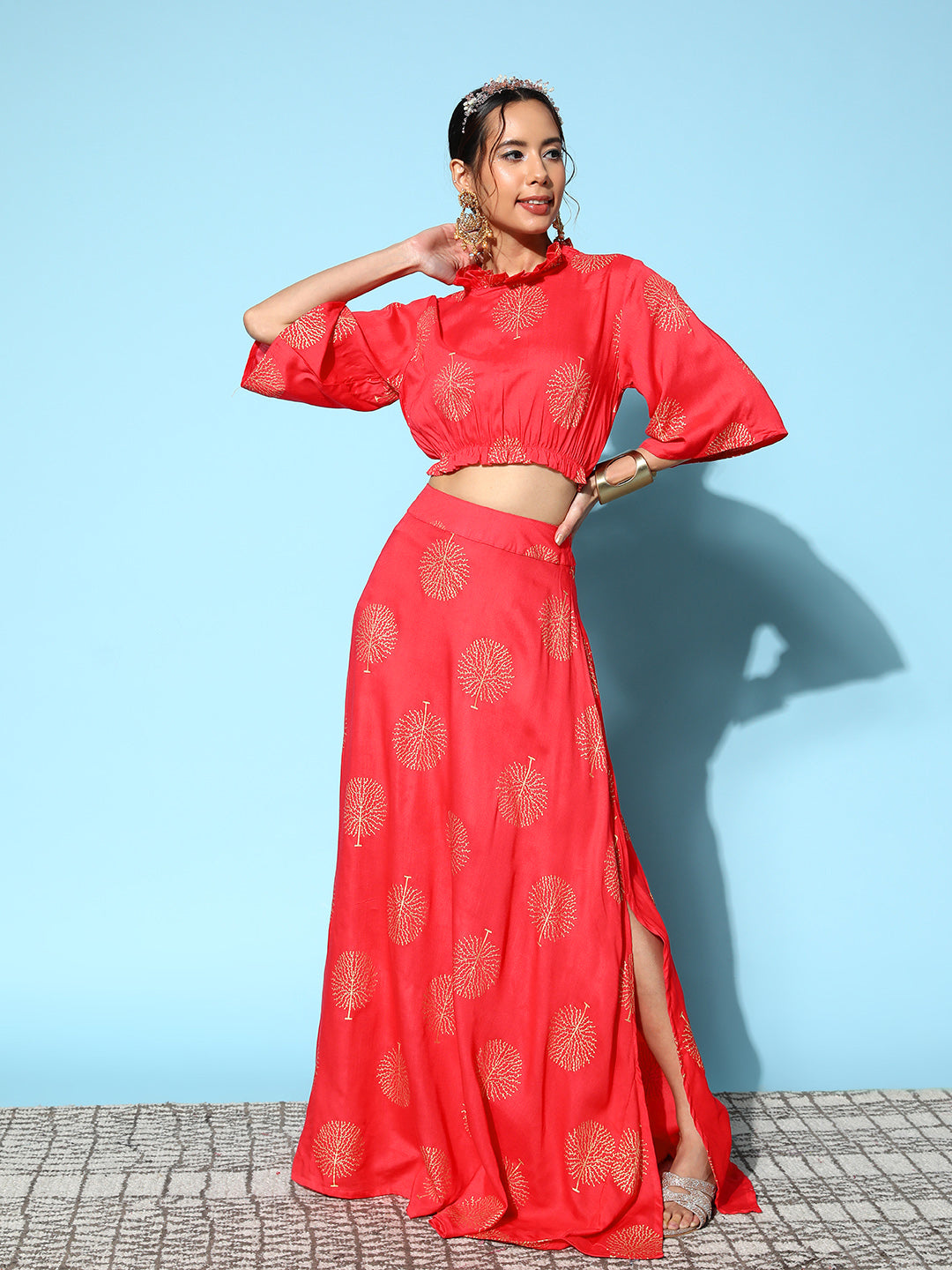 InWeave Women's Red Gold Printed Crop Top With Side Slit Skirt | Grocsy