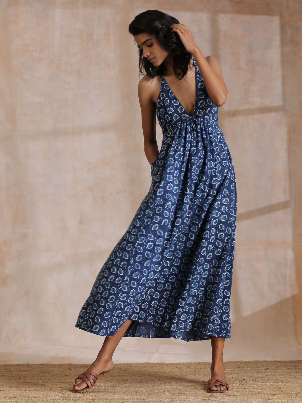 trueBrowns Indigo Dabu Floral Print Cotton Sleeveless Dress | Grocsy