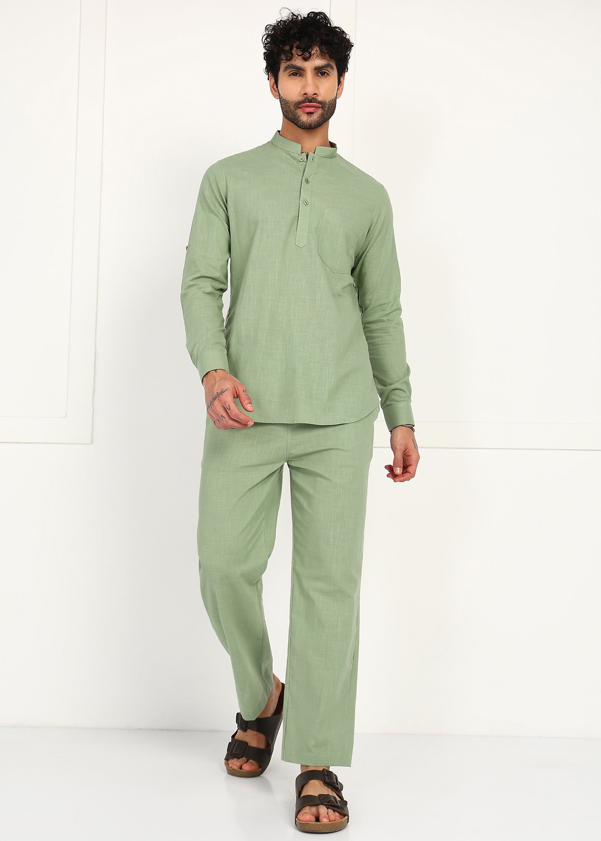 Fabmade Sage Linen Kurta Co-Ord Set | Grocsy