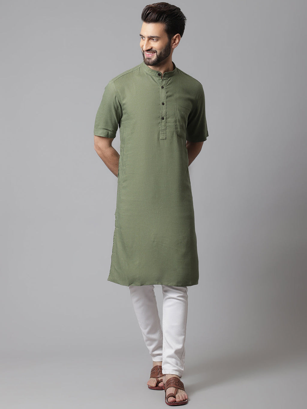 Even Apparels Green Pure Cotton Kurta With Band Collar | Grocsy