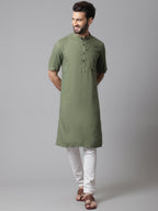 Even Apparels Green Pure Cotton Kurta With Band Collar | Grocsy