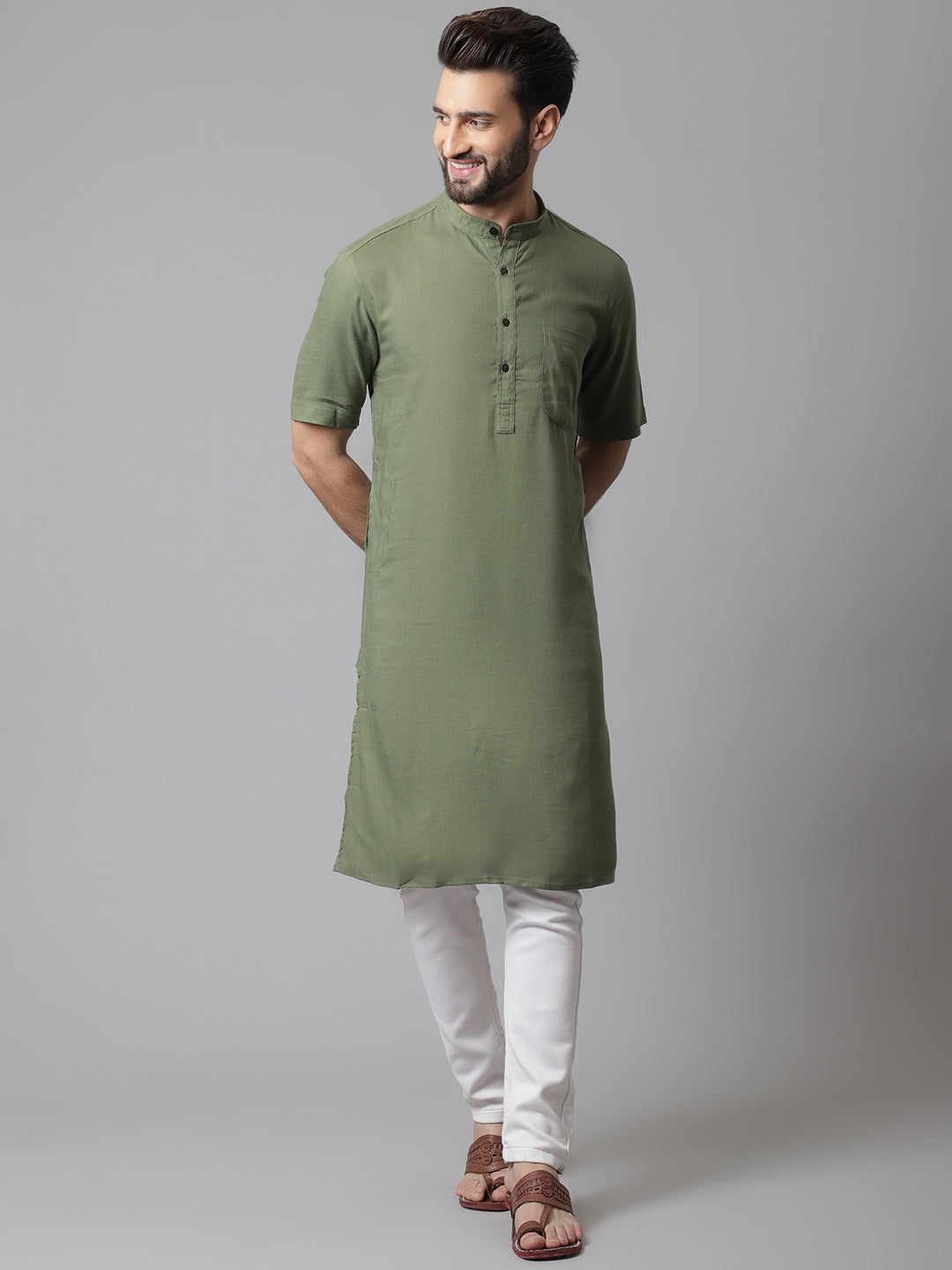 Even Apparels Green Pure Cotton Kurta With Band Collar | Grocsy