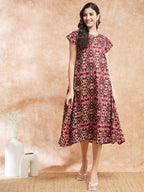 InWeave Women's Wine Ikkat Print A Line Dress | Grocsy