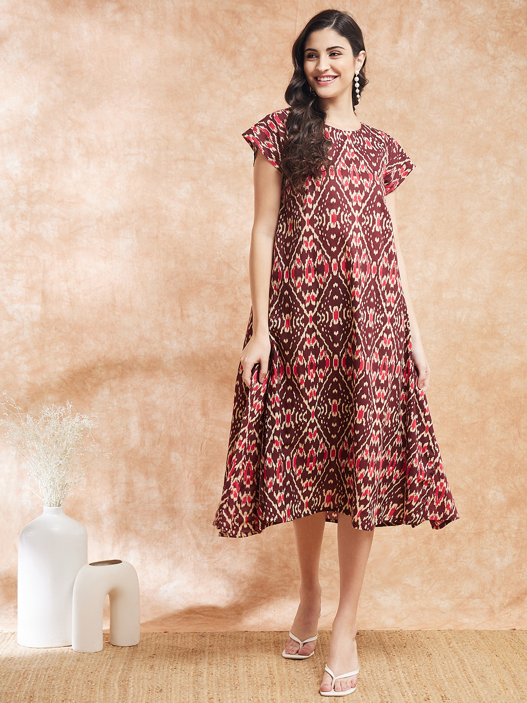 InWeave Women's Wine Ikkat Print A Line Dress | Grocsy