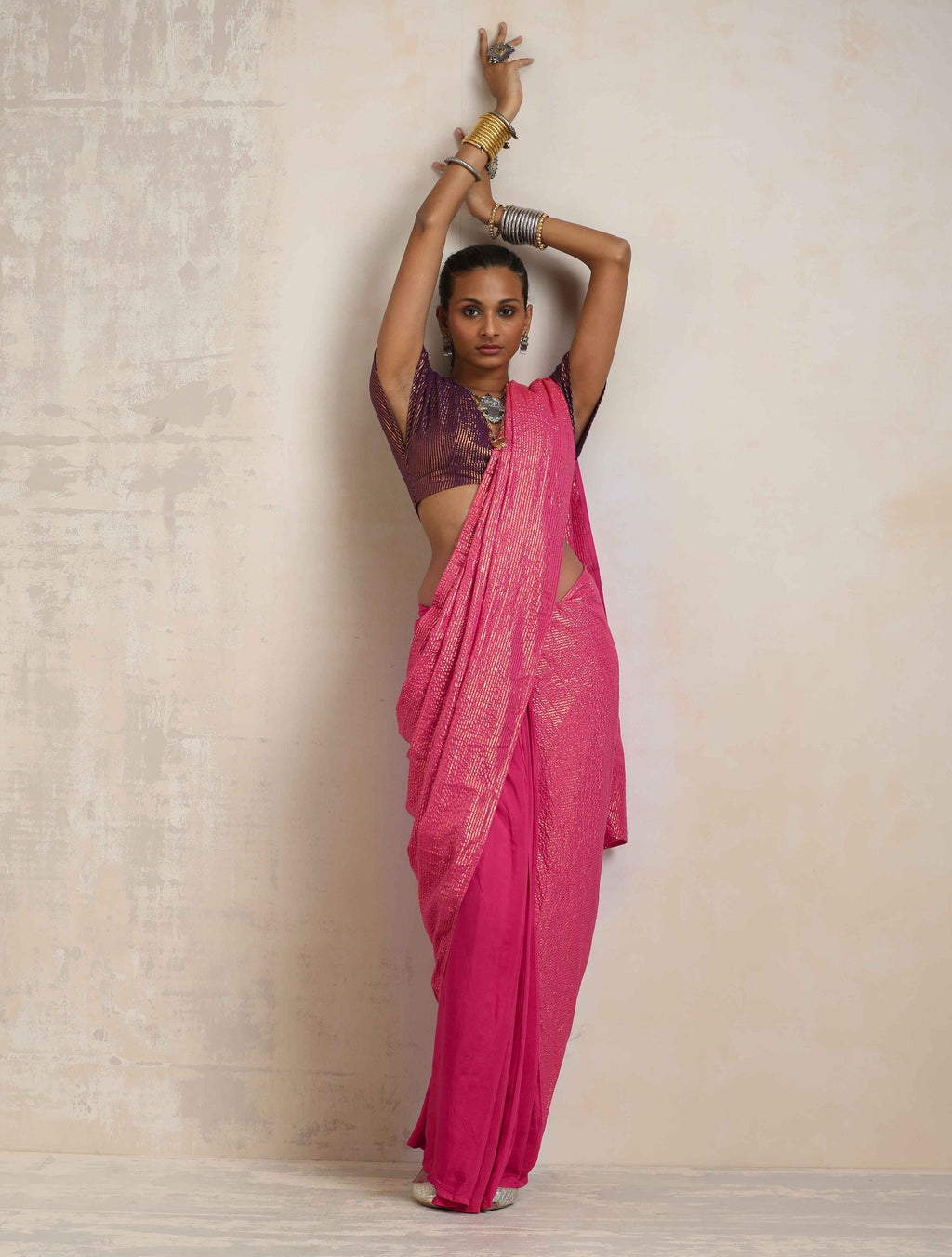 trueBrowns Pink Gold Metallic Ready To Wear Saree | Grocsy