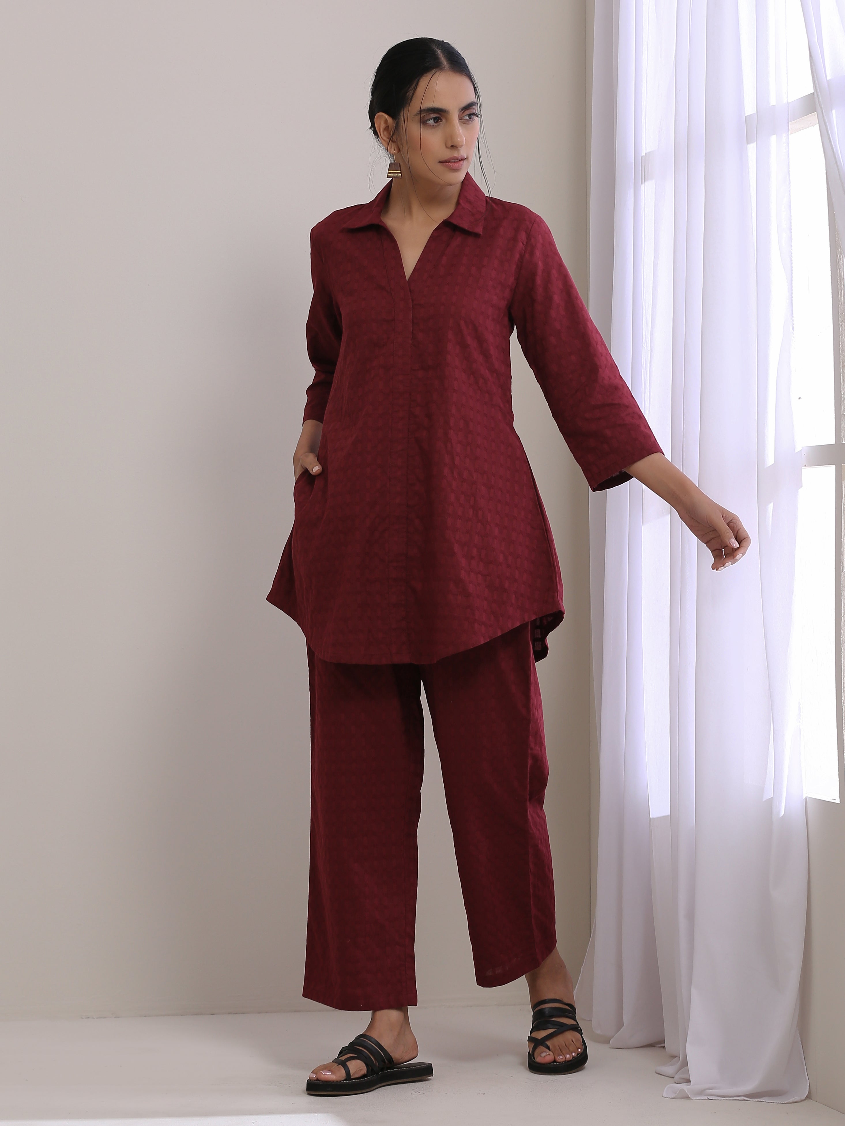 trueBrowns Ruby Wine Dobby Collar Short Co-Ord Set | Grocsy
