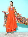 InWeave Women's Orange Red Gota Strappy Set With Multi Foil Muslin Dupatta | Grocsy