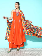 InWeave Women's Orange Red Gota Strappy Set With Multi Foil Muslin Dupatta | Grocsy