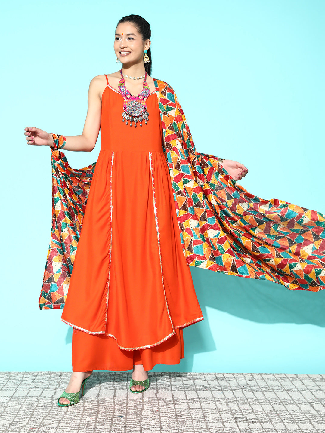 InWeave Women's Orange Red Gota Strappy Set With Multi Foil Muslin Dupatta | Grocsy