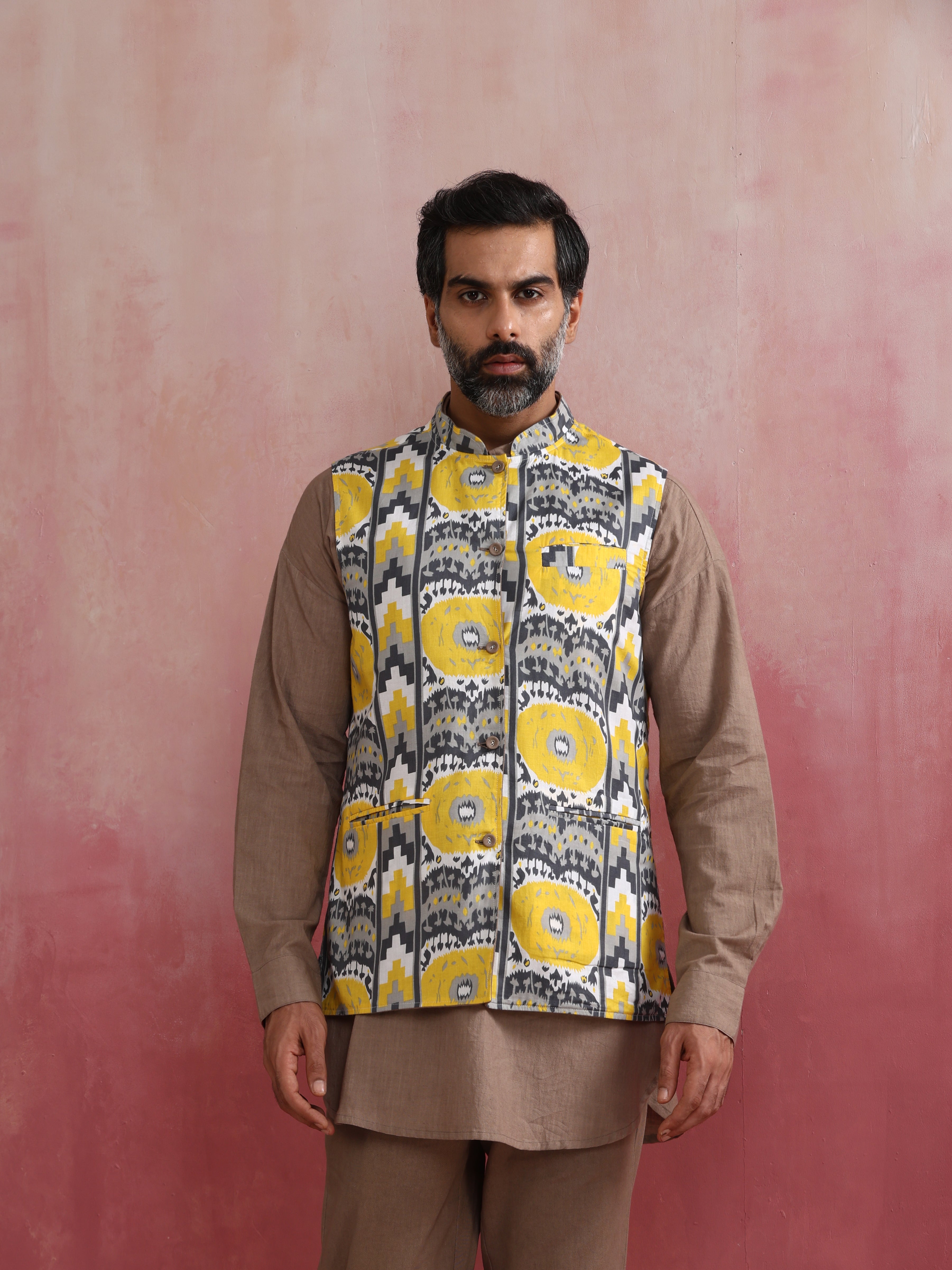 trueBrowns Men's Grey Ikat Print Cotton Reversible Nehru Jacket | Grocsy