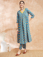 InWeave Women's Blue Orange Floral Yellow White Leh V Neck Kurta Set | Grocsy