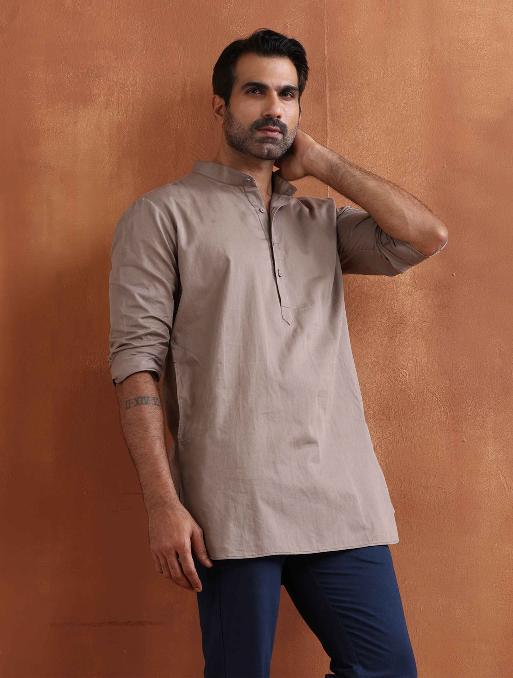 trueBrowns Men's Beige Cotton Short Kurta | Grocsy