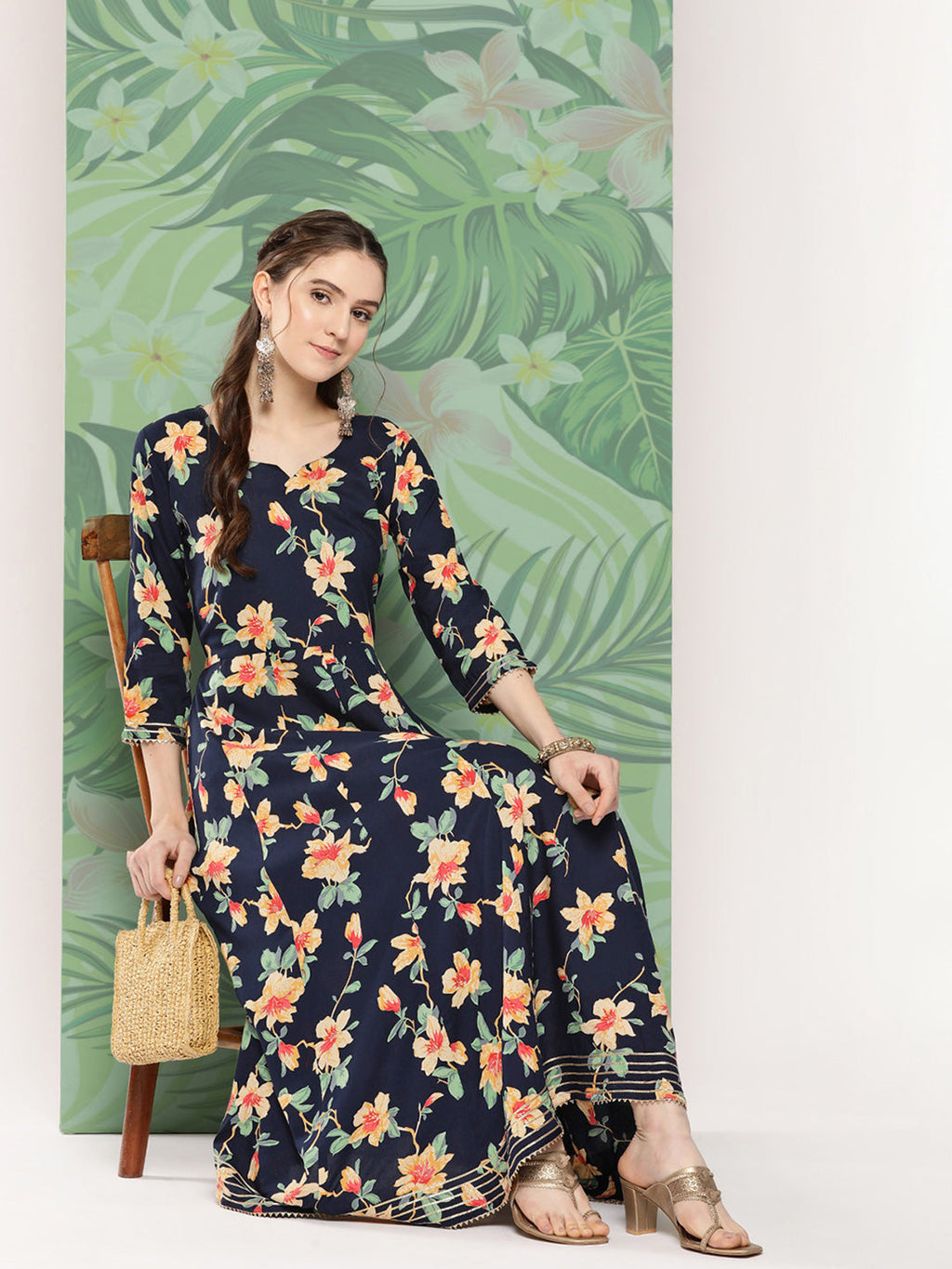 InWeave Women's Black Tropical Print Gota Long Dress | Grocsy