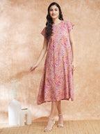 InWeave Women's Pink Coral Floral Print A Line Dress | Grocsy