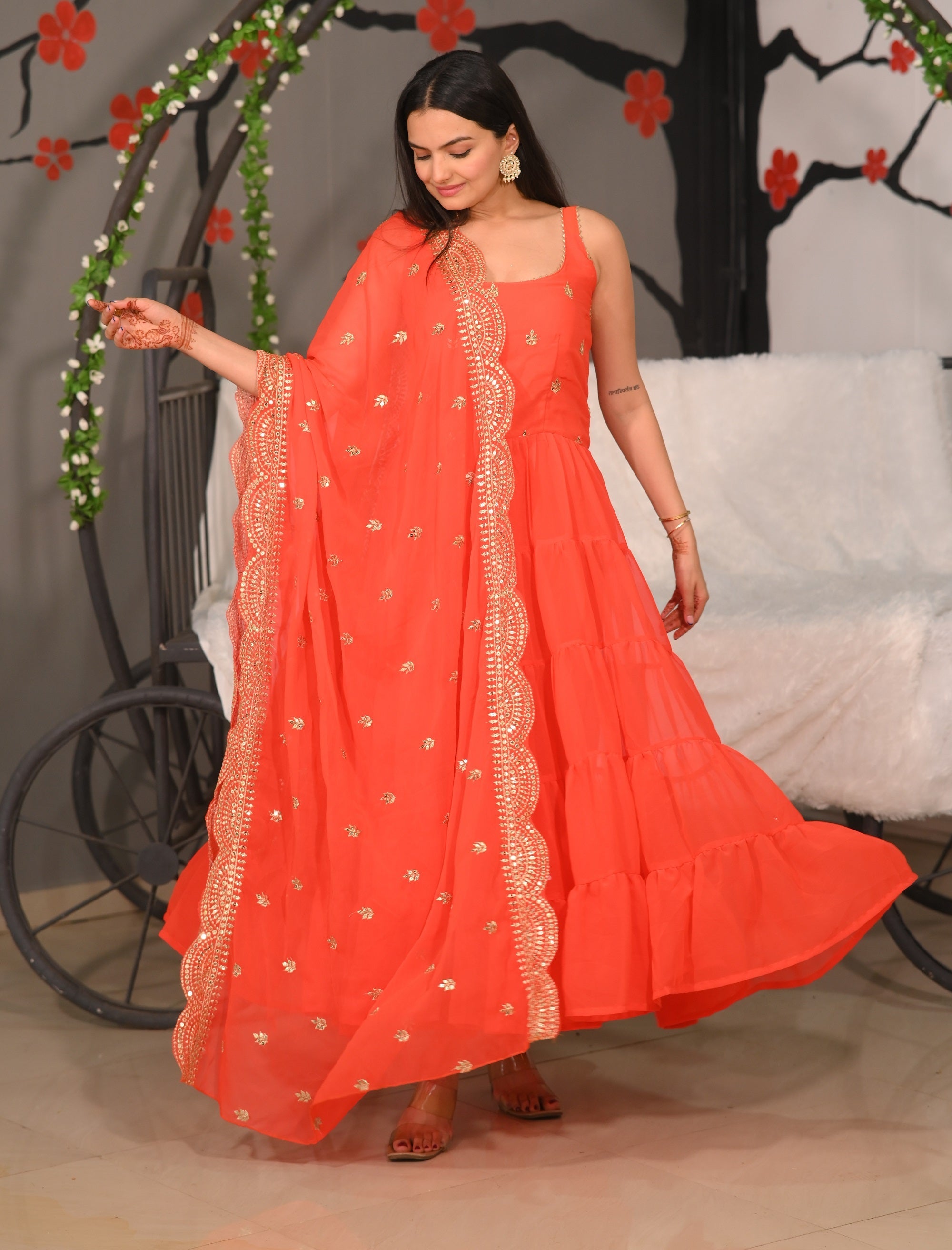 Teeya Creation Orange Color Faux Georgette Silk Heavy Embroidery Work Fully Stitched Gown | Grocsy