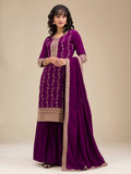 The52 Beautiful Embroidered Vichitra Silk Fabric Straight Kurta, Palazzo and Dupatta Set | Grocsy