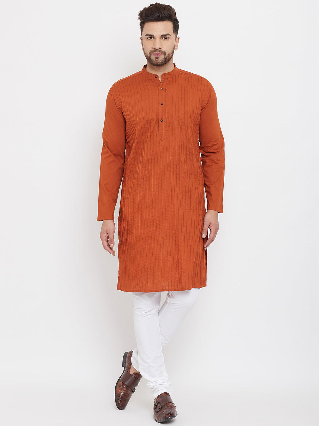 Even Apparels Rust Pure Cotton Kurta With Band Collar | Grocsy