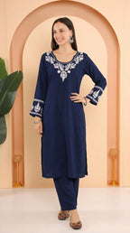 Gharana India Ishq Luxury Rayon 2Pc Navy Blue Chikankari Kurta Set | Grocsy