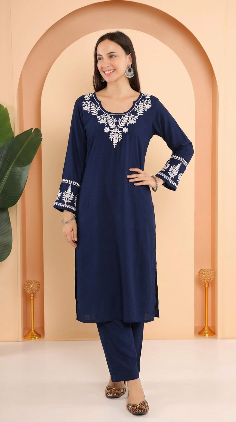 Gharana India Ishq Luxury Rayon 2Pc Navy Blue Chikankari Kurta Set | Grocsy
