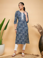 InWeave Women's Ankola Indigo With Tiles Hand Block Print Lace Straight Kurta | Grocsy