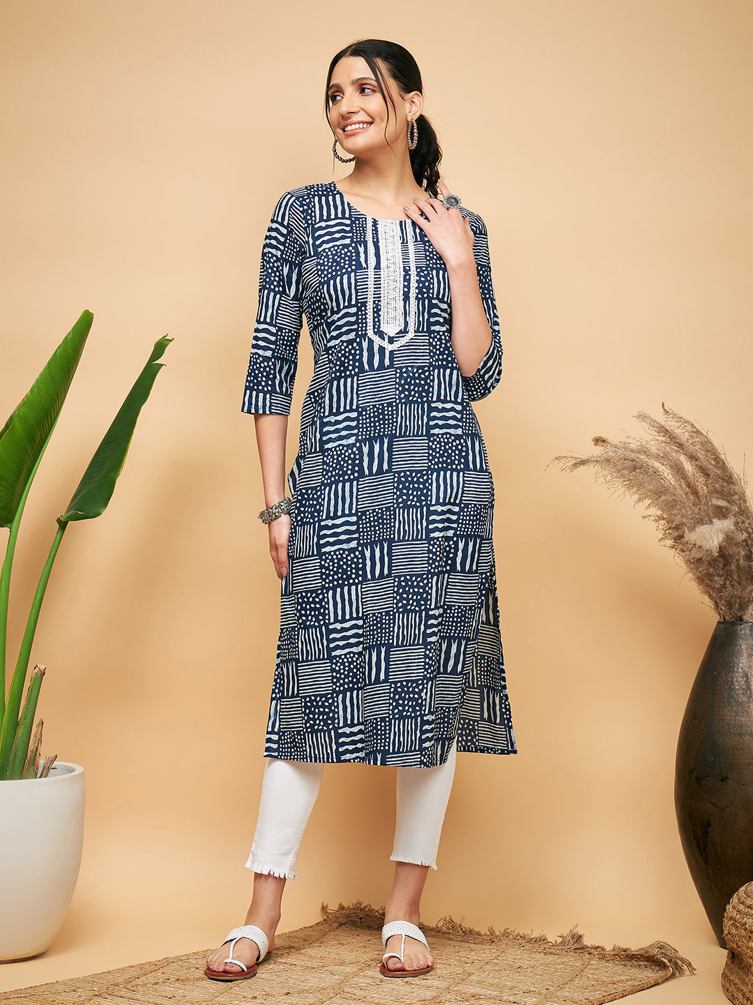 InWeave Women's Ankola Indigo With Tiles Hand Block Print Lace Straight Kurta | Grocsy