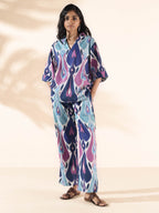 trueBrowns Blue Cotton Ikat V-neck Co-ord Set | Grocsy