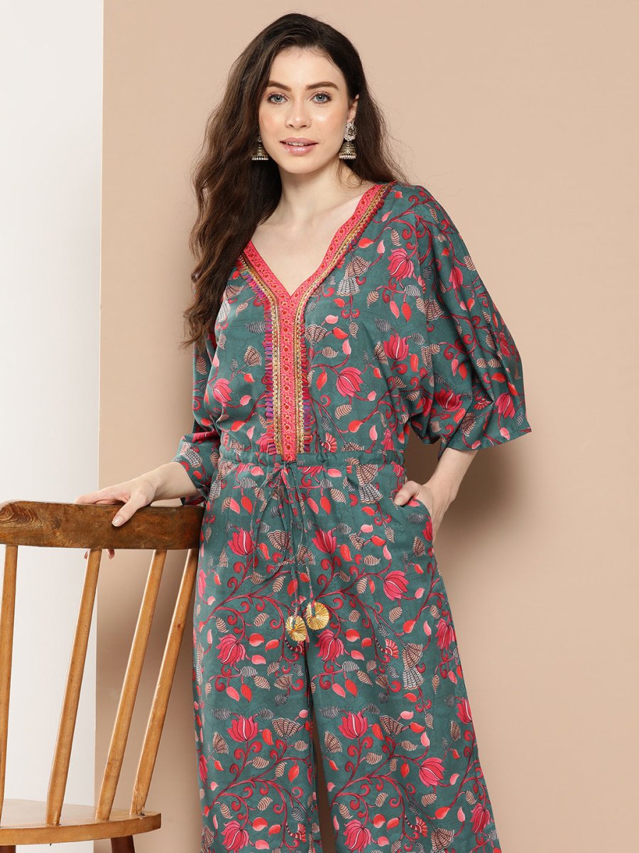 Ahalyaa Printed Basic Jumpsuit with Lace Inserts | Grocsy