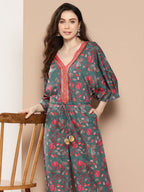 Ahalyaa Printed Basic Jumpsuit with Lace Inserts | Grocsy