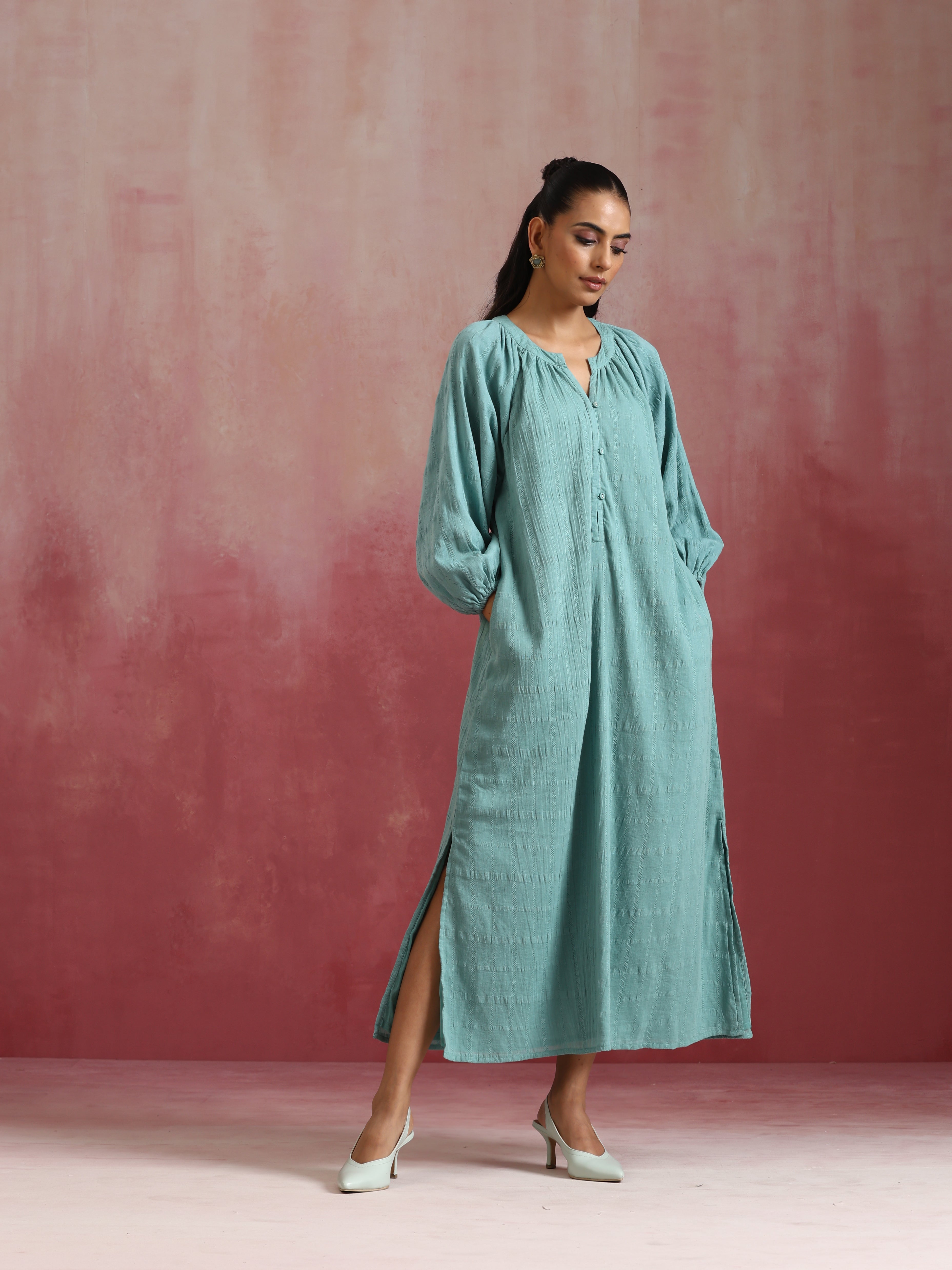 trueBrowns Aqua Blue Cotton Dobby Dress | Grocsy