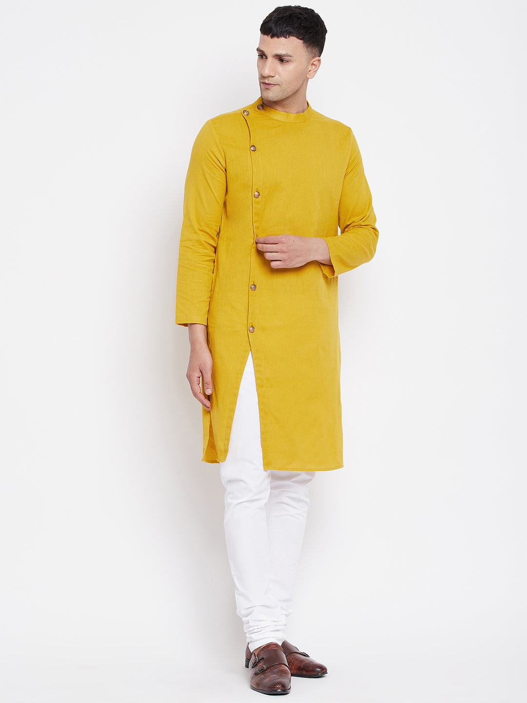 Even Apparels Yellow Pure Cotton Kurta With Band Collar | Grocsy