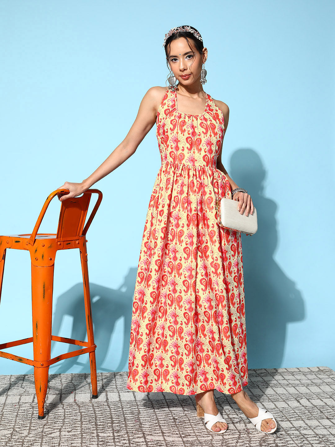 InWeave Women's Orange Paisley Print Raisa Back Detail Dress | Grocsy