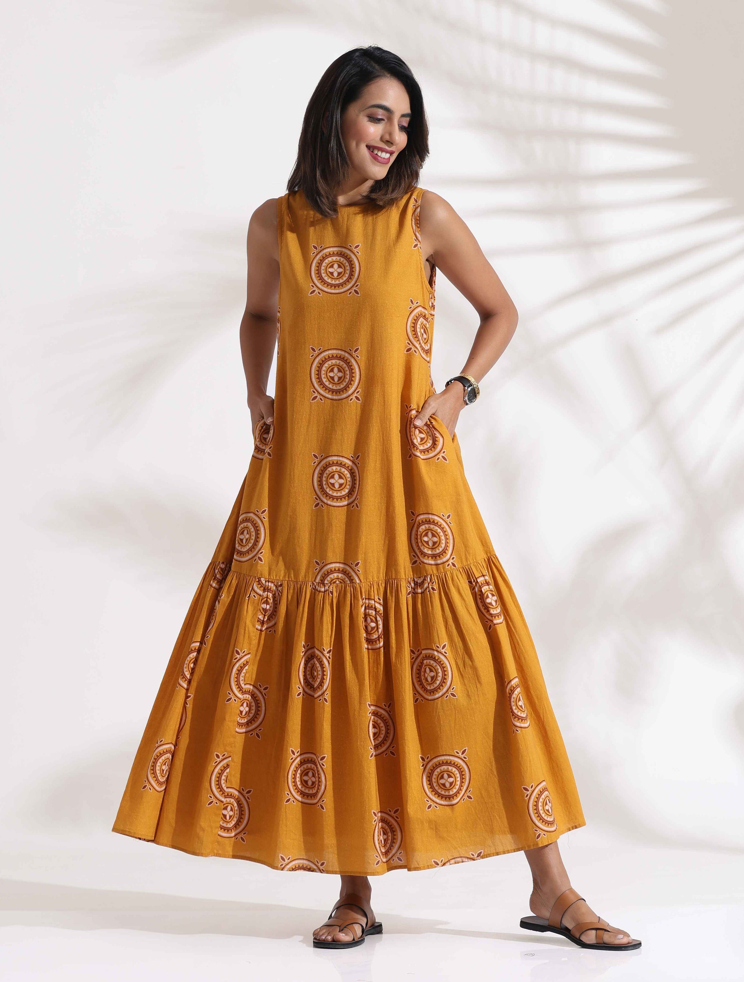 trueBrowns Mustard Cotton Print Tier Dress | Grocsy