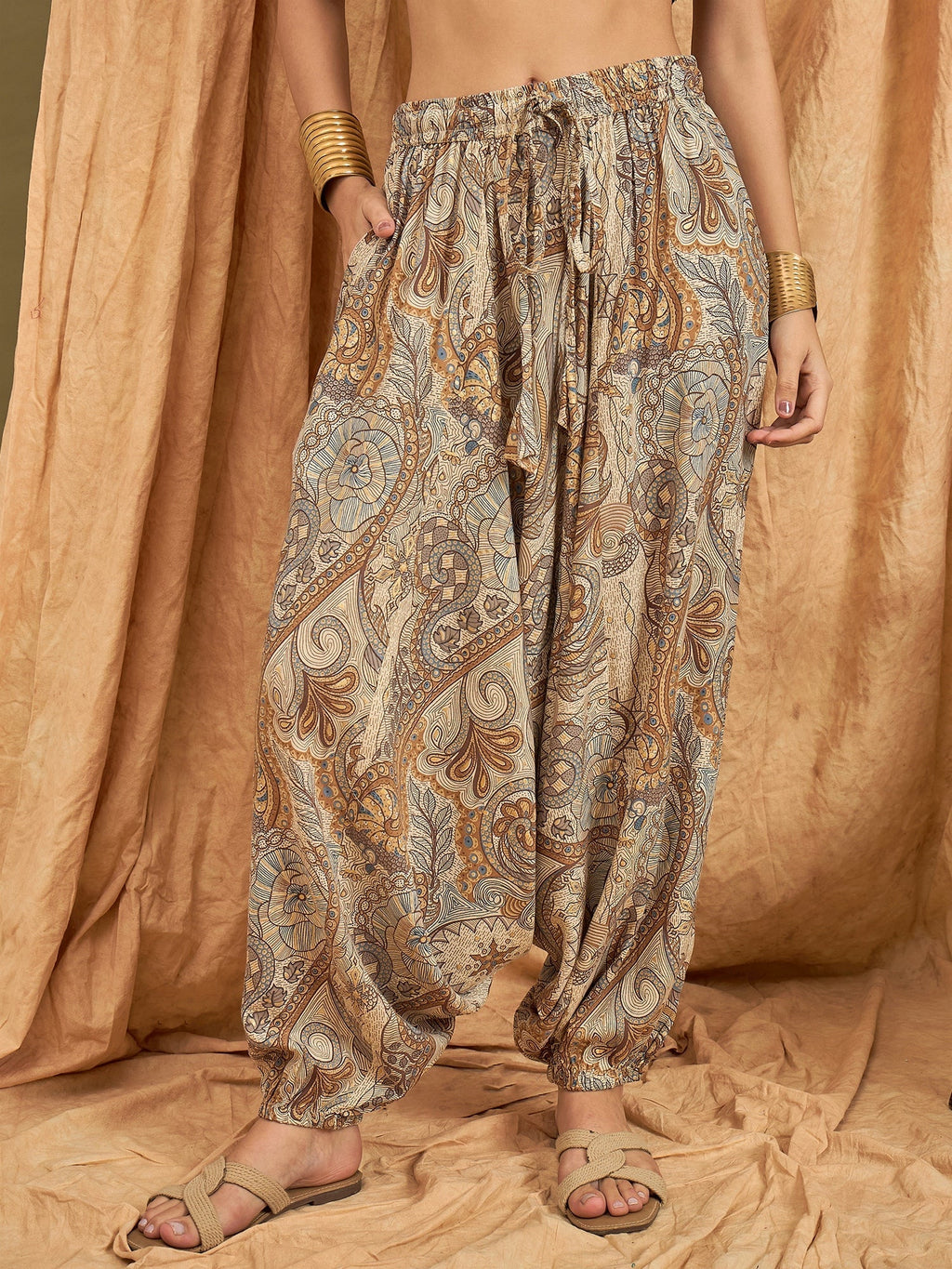 InWeave Beige Paisley Flower Harem Pant | Grocsy